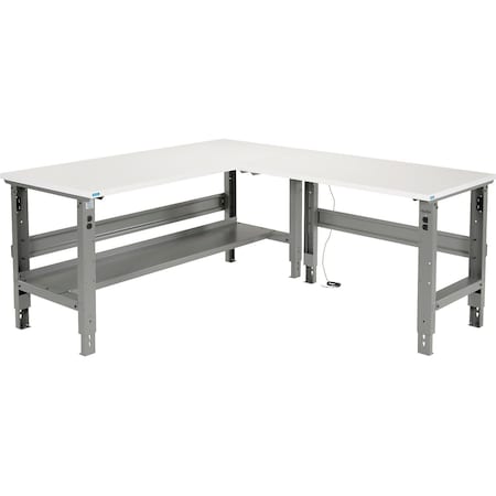 Global Industrial L-Shaped Adjustable Height Workbench, ESD Laminate Square Edge, 72inW x 78inD 493734GY